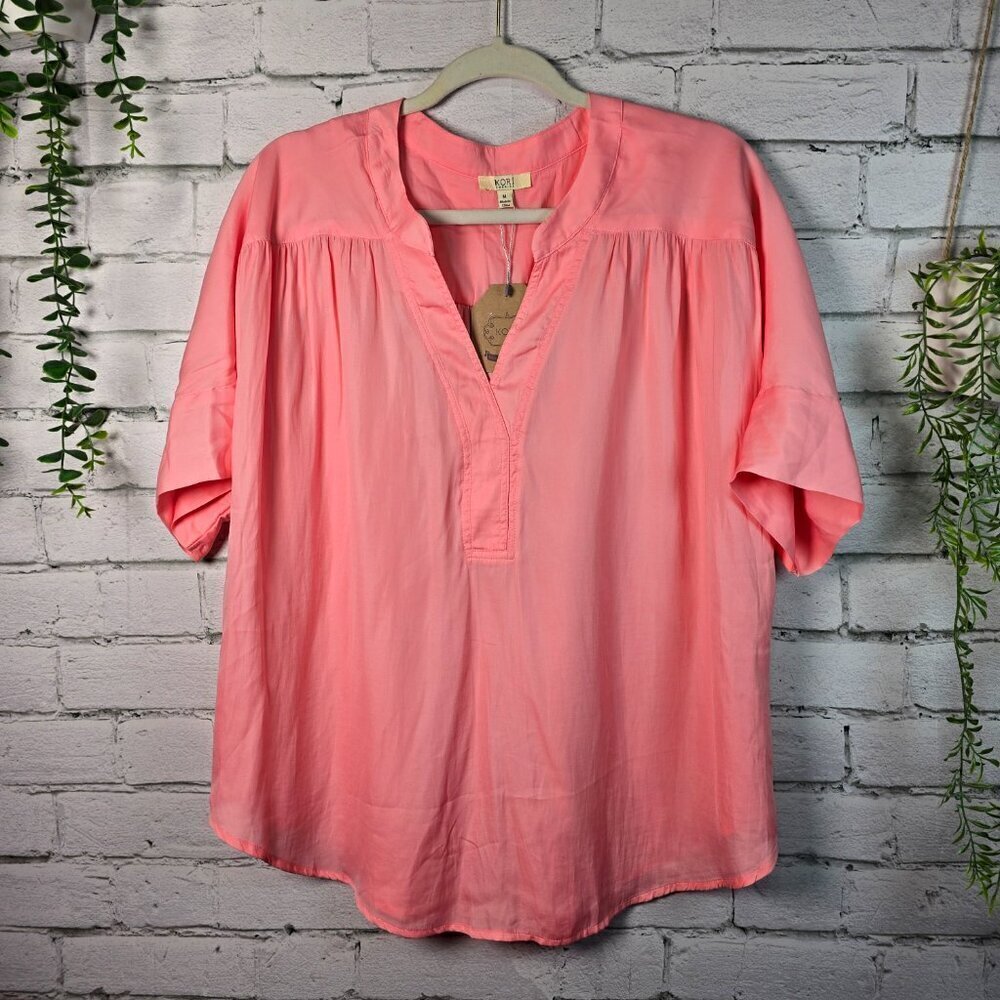 KORI AMERICAN VNECK SHORT SLEEVE BLOUSE CORAL PLEATED WOMENS MED OVERSIZED NWT